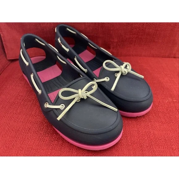 CROCS Shoes Womens Crocs Blue Pink Beach Line Rubber Boat Deck - Main Image